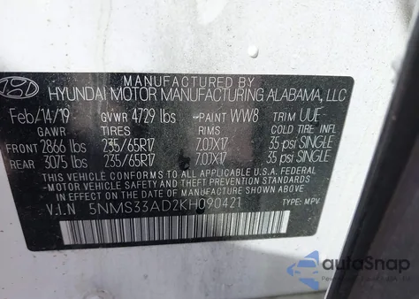 2019 Hyundai Santa Fe Sel z USA, uszkodzony, nr VIN 5NMS33AD2KH090421